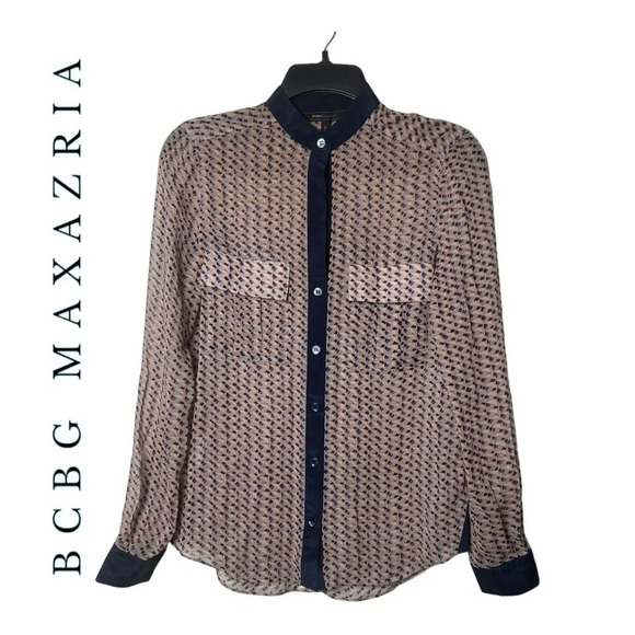 1472. BCBG MAXAZRIA LONG SLEEVE TOP‎ SHEER GEOMETRICAL SHAPE PATTERN SIZE XXS - Picture 1 of 9